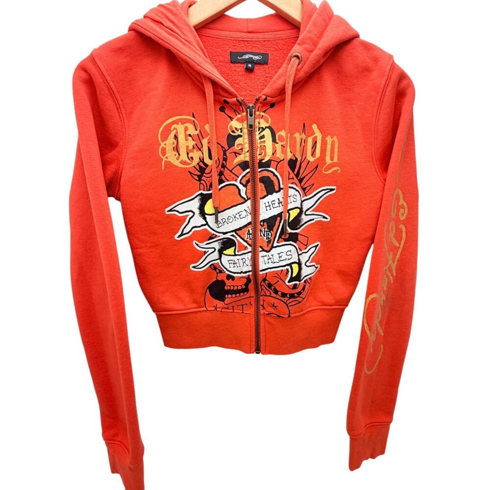 Ed Hardy Orange Drawstring Hood Graphic Hoodie Cotton Hooded Women's Medium